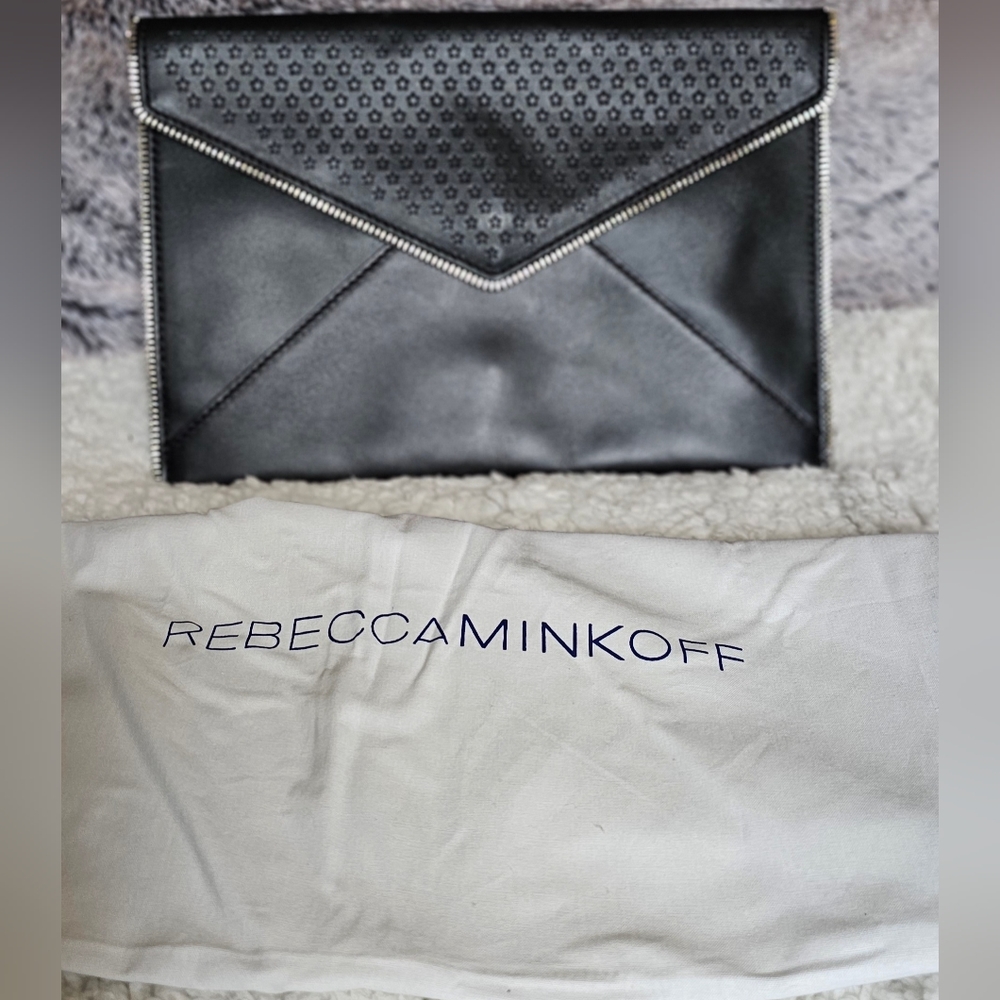 Rebecca Minkoff black leather star perforated Clutch NWT with original duster